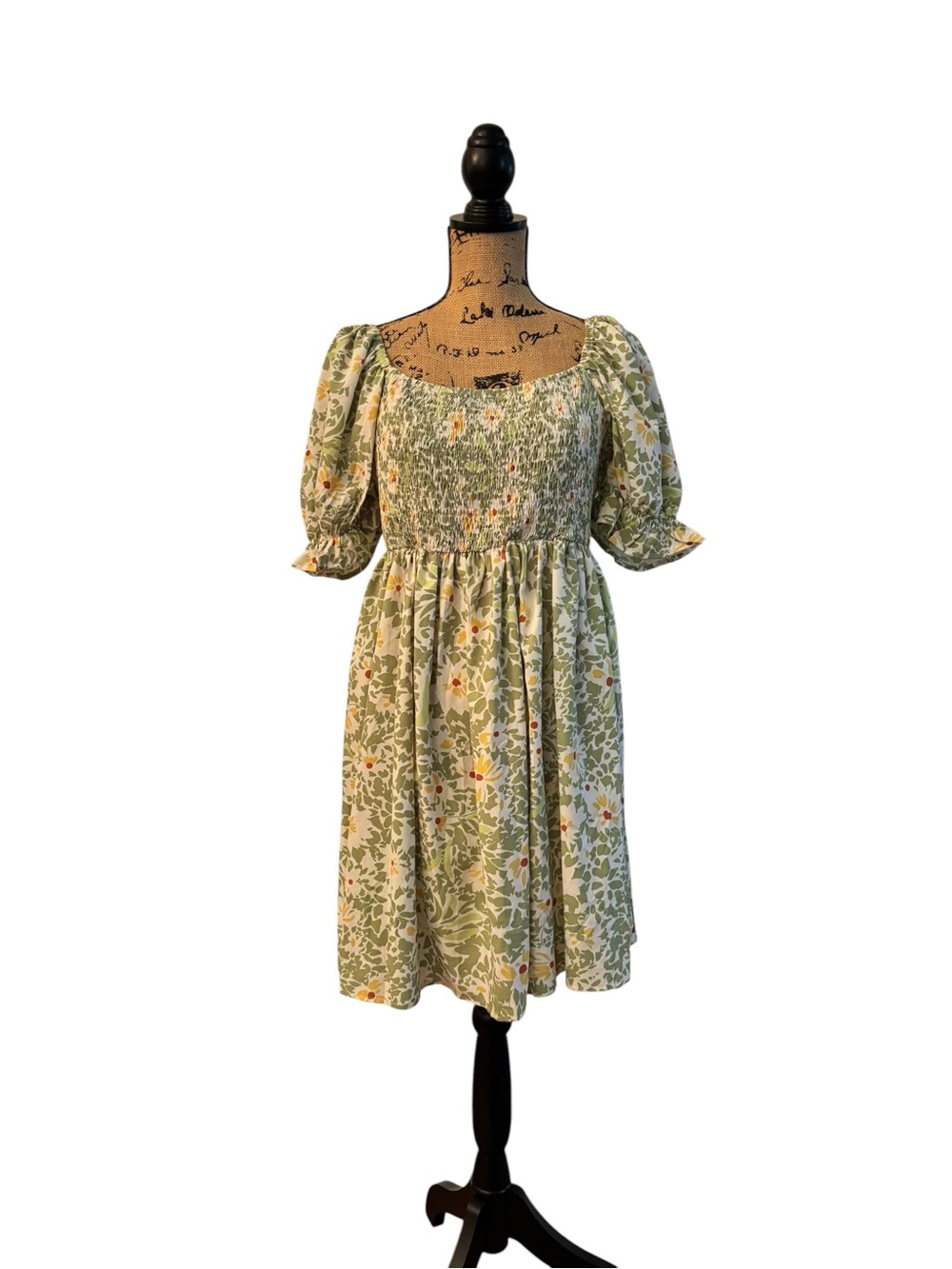 SHEIN Green Floral Smocked Midi Dress with Puff Sleeves 0XL